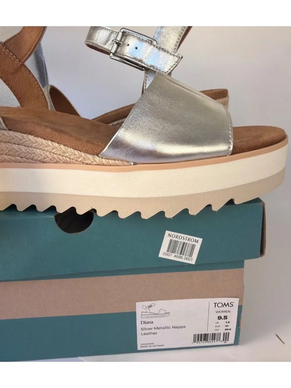 TOMS Diana Platform Wedge Sandals Silver Metallic Nappa Leather Women Size 9.5